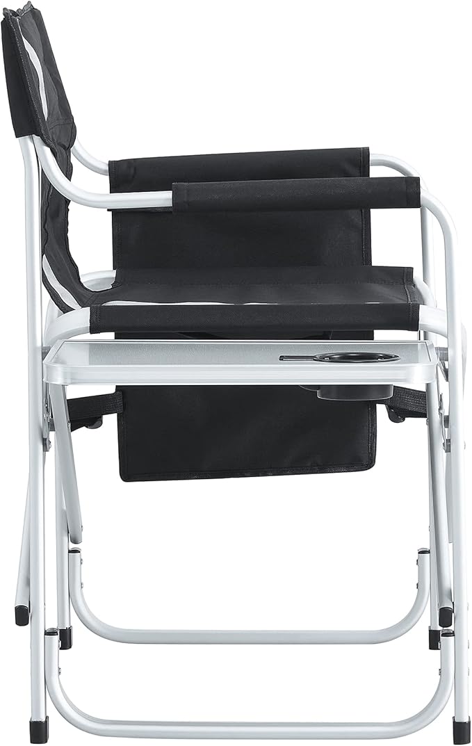 2 Pcs Padded Folding Outdoor Chair with Side Table and Storage PocketsLightweight Oversized Directors Chair for Indoor Outdoor Camping Picnics and FishingBlackGrey