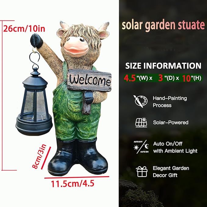 Solar Garden Decor Statues: Handmade Resin Statue with LED LightHighland Cow Figurine Outdoor Garden Decor Unique Gifts for Women Mom Grandma (Green cow1)