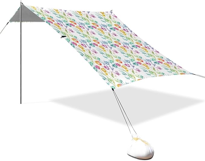 ALAZA Rainbow Tulip Flower Butterfly Beach Tent Sun Shelter UPF50+ Protection Beach Shade Canopy w/ 4 Sandbags for Outdoor Camping Fishing Backyard Fun Picnic 10x9 ft