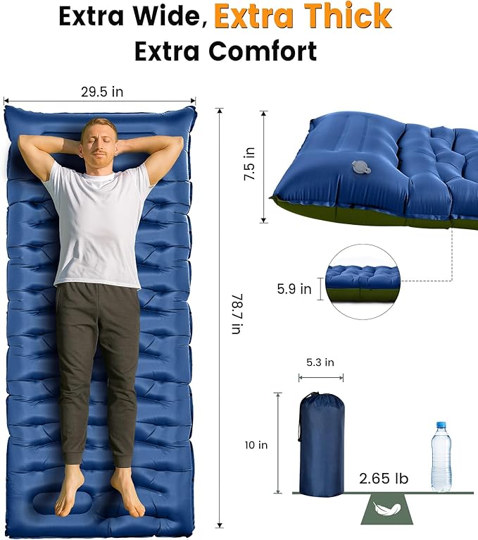 Camping Sleeping Pad5.9 Inch Thick Camping Mat with Built in Pillow and Foot PumpSelf Inflating Sleeping Pad for Camping Backpacking（Green