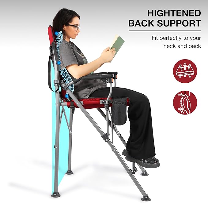 Extra Tall Folding Chairs for Adults 2 Pack Portable Bar Height Foldable Director Chairs for Camping Outside Comfortable with Makeup PocketHigh Back and Footrest Black and Red