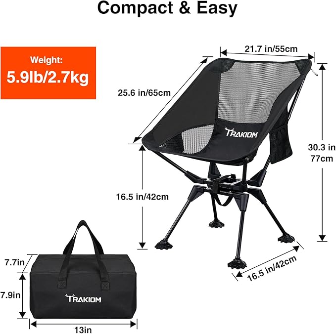 360° Swivel Folding Camping Chairs Compact and Portable Chair for Outdoor Camp Foldable Chairs with Anti-Sinking Large Feet for Travel Beach Picnic Sports Fishing Support 300 LBS(Black)