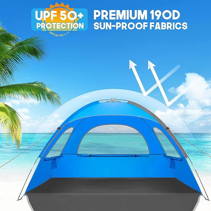MIRUS Beach Tent 2-3 Person Sun Shade Shelter with UPF50+ Protection Extended Floor &amp 3 Ventilating Roll Up Windows Carrying Bag Stakes and Tiedown Strings | Extended Floor Carrying Bag Stakes