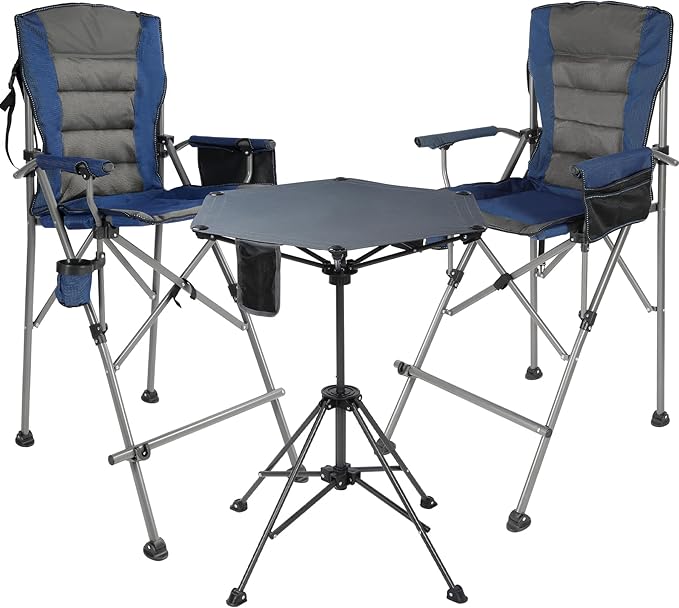 Extra Tall Folding Chairs 2 Pack &amp Adjustable Height Folding Table Set Portable Outdoor Bar Table &amp Foldable Director Chairs with High Back and Storage Bag for BackyardBeachTravel