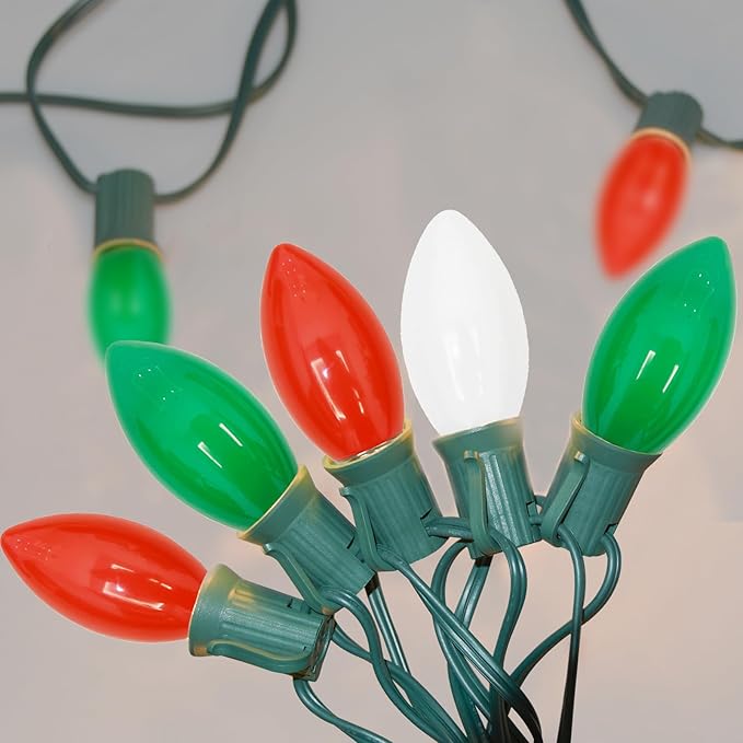 SUNSGNE C9 LED Outdoor Vintage Christmas Lights 25FT Christmas Tree Lights with 26 0.6W LED Red Green White Bulbs(1 Spare) for Patio Garden Holiday Home Décor Green Wire