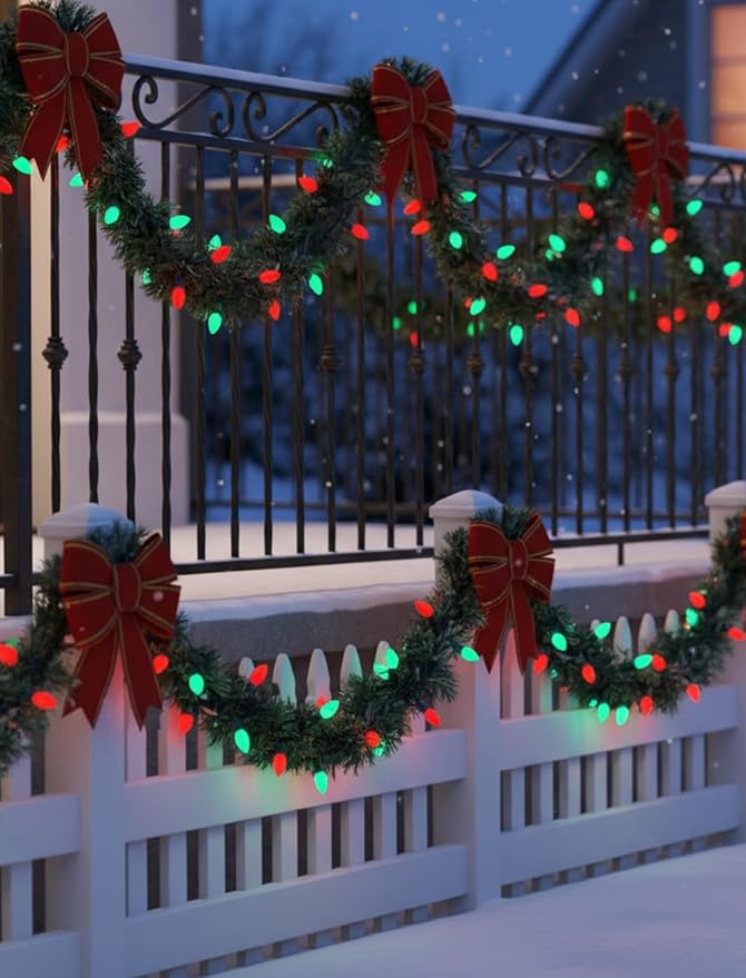 C7 Outdoor Christmas Lights - 25ft Red and Green Christmas Lights with 27 Ceramic Bulbs(2 Spare) Waterproof Extendable Christmas Tree Lights for Indoor Party Backyard Xmas LightGreen Wire