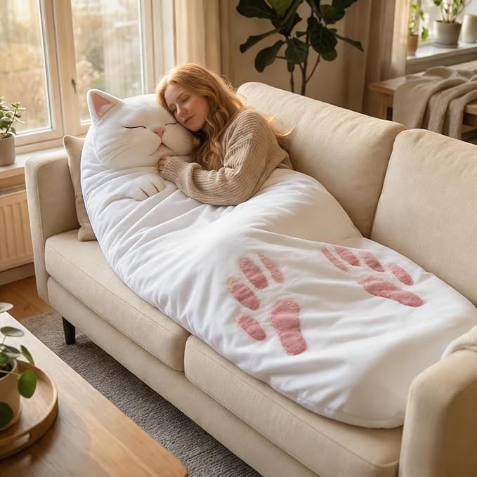 Fluffy Cat Sleeping Bag for Adults Large Animal Shaped Plush Envelope Sleepover Bag for Human 68.9 Cozy Warm Blanket for Camping Couch Home Lounging Machine Washable
