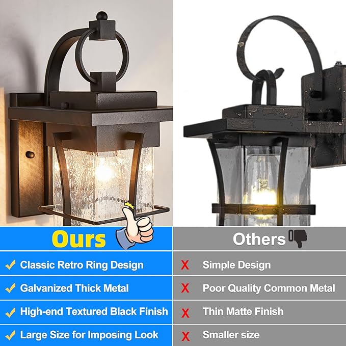 Outdoor Wall Sconces Light Fixtures Exterior Wall Lantern Outside House Lamps Waterproof Black Metal with Clear Seeded Glass Perfect for Exterior Porch Patio House
