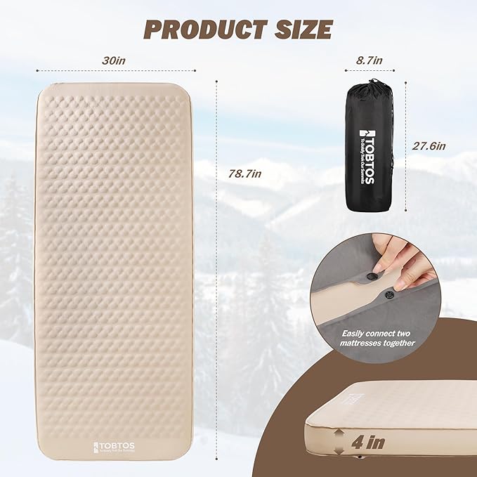 TOBTOS 4 Thick Self Inflating Sleeping Pad with Electric Pump 60s Inflate Ultra-Compressible Compact Foam Camping Mattress Insulated Sleeping Mat for Tent Car Camping