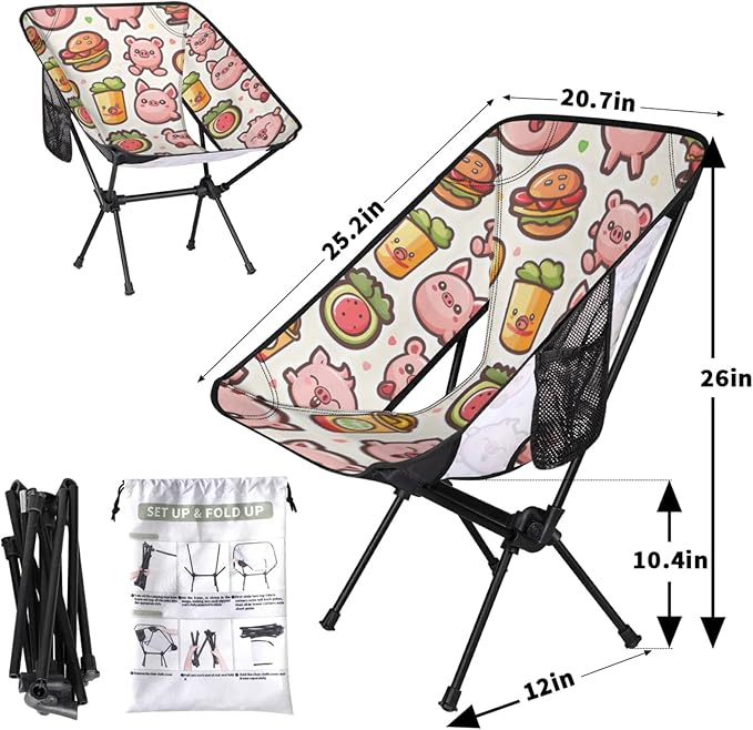 Honeybaby Folding Camping Chair Cartoon Pig Camping Chairs Lightweight Portable Chair Outdoor Foldable Chairs for Camping Travel Picnic Beach Hiking