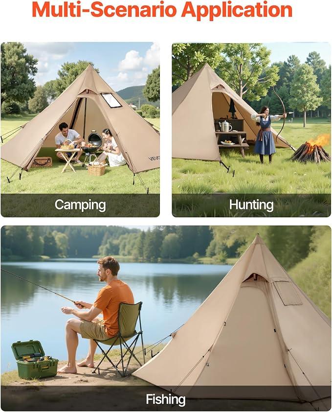 VEVOR Hot Tent Camping Tipi Hot Tents with Stove Jack Portable Winter Camping Tents with Snow Skirt Easy Setup Waterproof 4 Season Shelter Tents for Fishing Backpacking