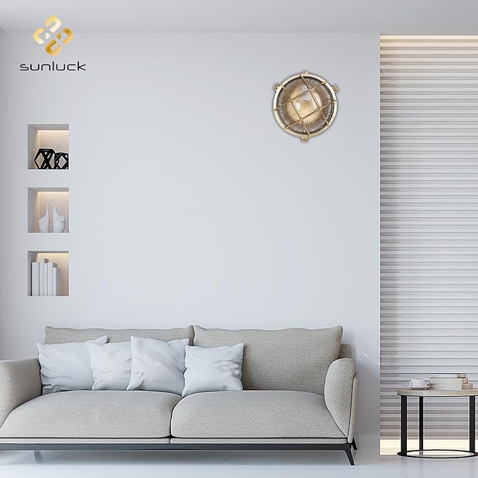Sunluck Brass Bulkhead Light Grid Round Nautical Wall LampshadeCeiling MountSauna Light Waterproof IP54Rust ResistantDecoration CafeBarPorchesPatiosRestaurants