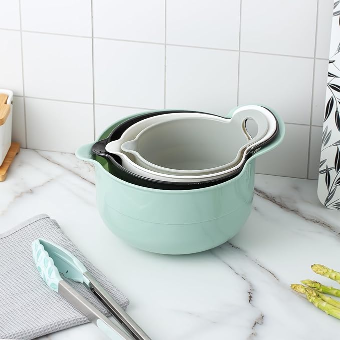 COOK WITH COLOR Nesting Plastic Mixing Bowl Set with Pour Spouts and Handles Mint 4 Piece Non-Slip