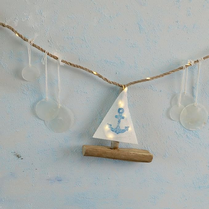 Nautical Decor Sailboat Ocean Light with Capiz Wind Chimes - 6.5FT 70LED Beach Garland with Lights Battery Operated with Remote for Coastal Room Beach Decor