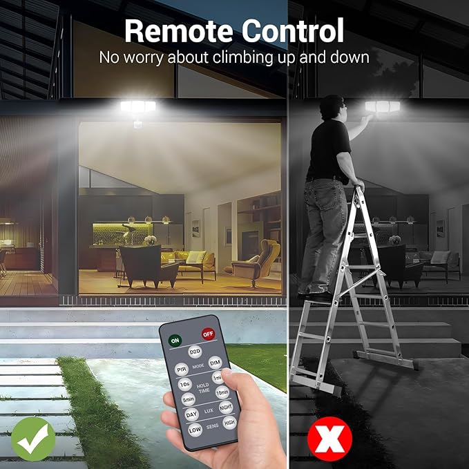 NOVOSTELLA Security Lights Motion Sensor 1Pack LED Flood Lights Outdoor with Remote Dusk to Dawn 45W 5000lm 5000K 3 Heads Wired Wall Adjustable Floodlights IP65 Waterproof for Garage Yard House