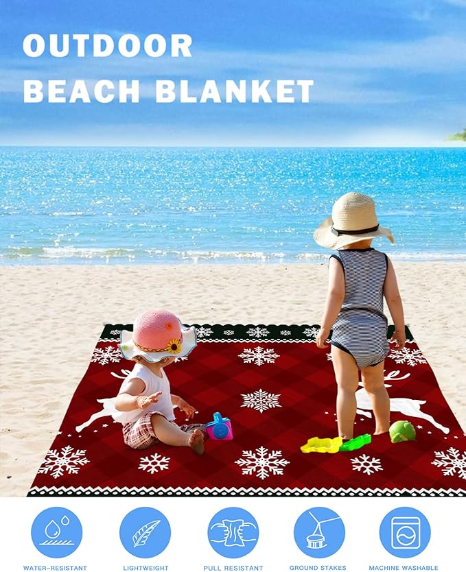 Beach Blanket Waterproof Sandproof OversizedChristmas Animal Elk Red Buffalo Plaid Beach Mat with Corner Stakes Sand PocketsWinter Snowflake White Shadow Outdoor Picnic Mat for Travel 83x79In