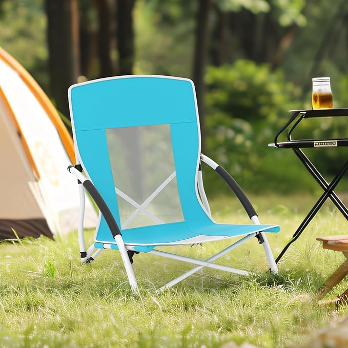 Giantex Low Folding Beach Chair with Detachable &amp Adjustable Umbrella Carrying Bag Padded Armrests Mesh High Back Load 330 LBS Anti-Slip Foot Pads Camping Chair for Picnic Lawn Blue