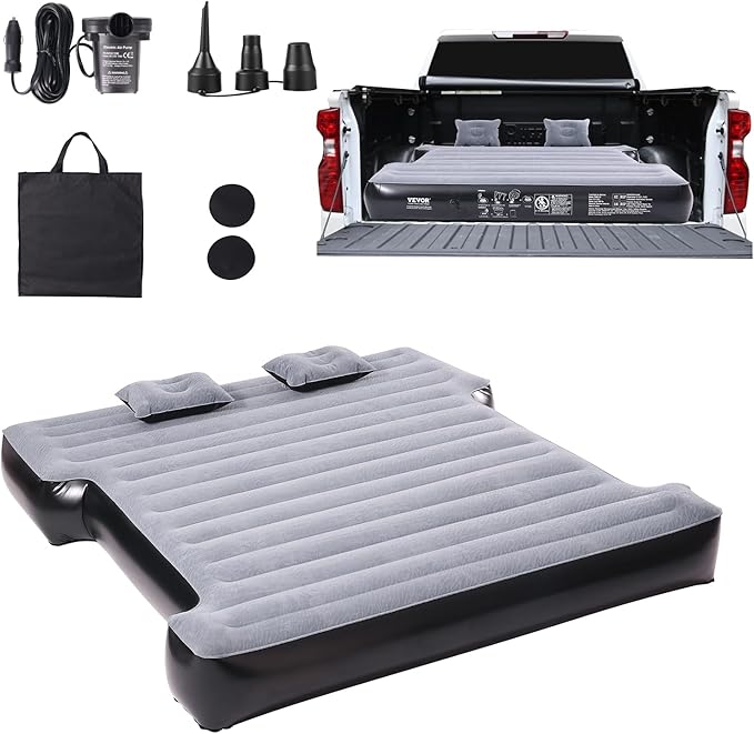 VEVOR Truck Bed Air Mattress for 5.5-5.8 ft Full Size Short Truck Beds Inflatable Air Mattress Bed with 12V Air Pump 2 Pillows Carry Bag for Silverado RAM F Series Sierra Titan Tundra