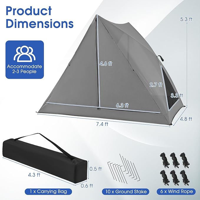 Goplus Pop-up Camping Tent 2-3 Person 360° One-Way See-Through Family Tent Waterproof Windproof 4-Season Shelter Tent w/Carry Bag Rainfly Easy Setup Portable Tent for Backpacking Hiking Outdoor