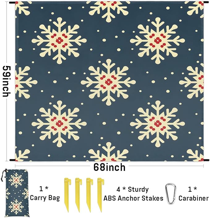 Waterproof Sandproof Beach Blanket 59''×68'' Blue Background Polyester Outdoor Picnic Blanket with 4 Stakes &amp Storage Bag for BeachCampingVacation Snowflake