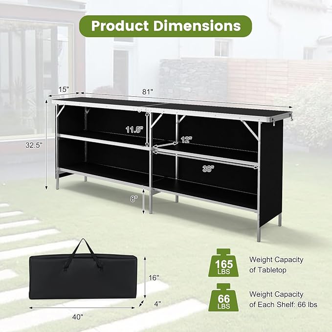 GOFLAME Folding Camping Table Aluminum Portable Picnic Table w/ 2-Tier Open Shelves &amp Spacious Tabletop Carrying Bag Included Outdoor Large Kitchen Table for Picnic BBQ Party Backyard (Black