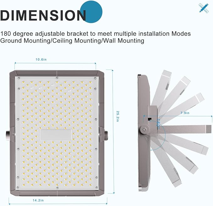 Upgrade 600W LED Stadium Flood Light Outdoor 90000Lm Led Flood Light with Adjustable Bracket IP65 AC100-277V Commercial Area Lighting with Plug for Backyard/Basketball Court-2Pack