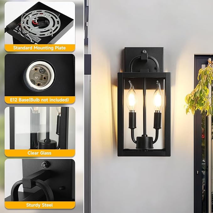 Dusk to Dawn Outdoor Wall Light Fixtures 2 Pack Front Porch Lights with E12 Sockets Exterior Waterproof Outdoor Lighting Anti-Rust Outside Lights for House Garage Patio