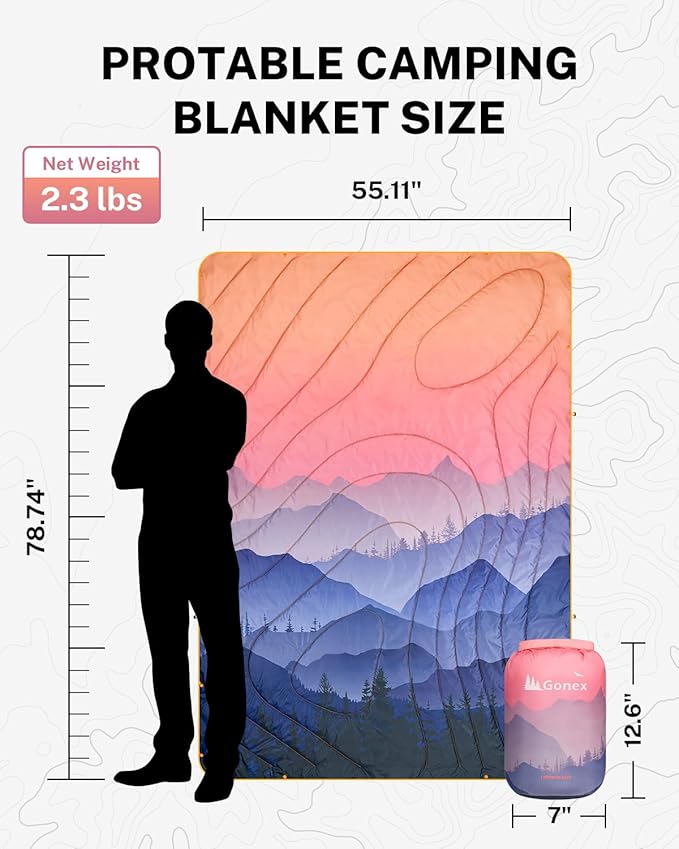 Gonex Camping Blanket with Aero-Warmth Tech Layer Puffy Printed Packable Blanket Ultralight &amp Warm Wearable Water-Resistant Quilt for Outdoor Camping Hiking Travel Picnics 79 X 55(Sunset)