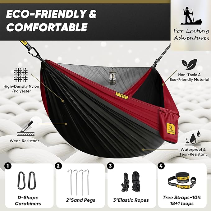 Camping Hammock with Mosquito Net 600 lbs Portable Hammock with Tree Straps2-in-1 Double/Single Travel hammocks Tent for Outside/Indoor/Backpacking/Beach-Black&ampRed