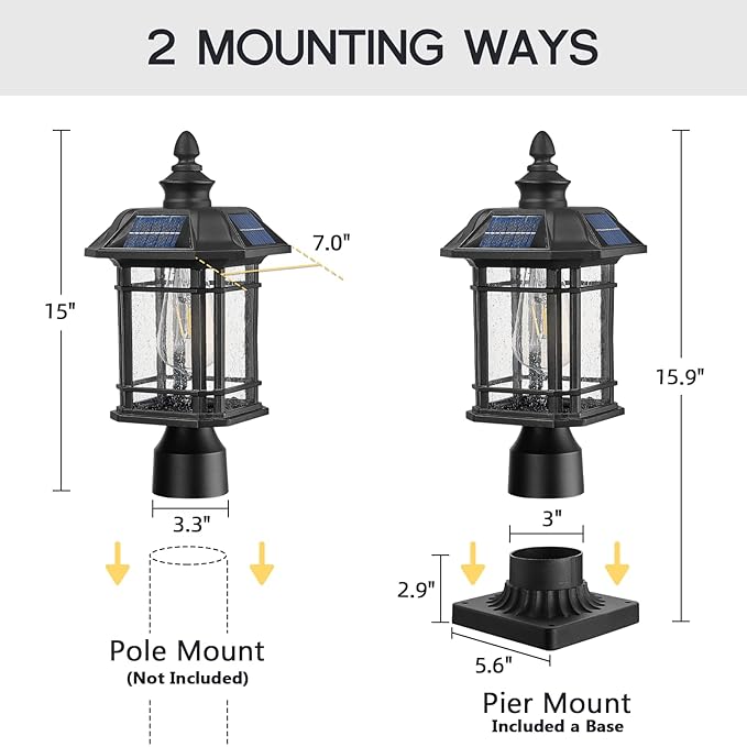 Emliviar 16 Inch Outdoor Solar Post Light Dusk to Dawn Pier Mount Lamp Post Light with Remote Control Black Finish with Seeded Glass Shade A2202110P1-SL BK