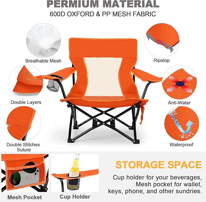 Joyfair Beach Camping Chair (2 Pack) Outdoor Folding Lawn Chair for Adults Heavy Duty Portable Chair with Armrest for Outside Fishing Sport Patio Cup Holder &amp Storage Pocket Carry Bag (Orang