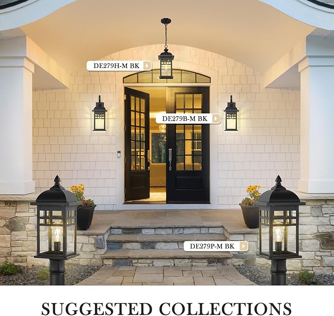 Emliviar 20 Farmhouse Outdoor Pendant Light Large Outdoor Hanging Light for Porch Gazebo Black Finish Aluminum with Seeded Glass Shade DE279H-M BK