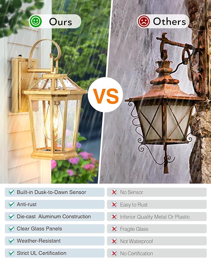 VIANIS Outdoor Porch Lights Wall Mount Dusk to Dawn Exterior Light Fixture for House 100% Anti-Rust Aluminum Waterproof Porch Light Outside Wall Lights Gold Wall Sconce Lanterns for Garage