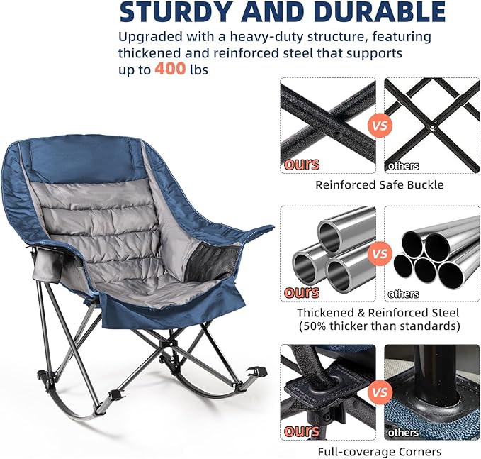 Oversized Rocking Camping Chair for Adults - 400lbs Capacity Padded Camp Chair with Cup Holder Portable Foldable Outdoor Rocker Chair for Camping Backyard Patio (Blue &amp Gray)