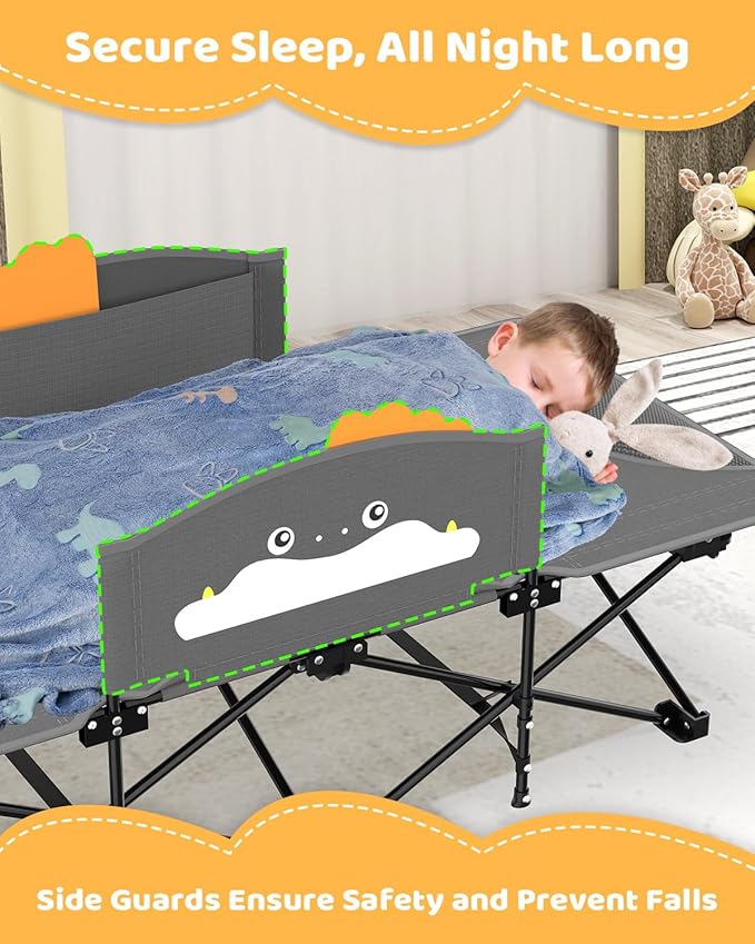 ZENPETIO Kids Camping Cot Foldable Toddler Bed with Safety Rails &amp Glow-in-The-Dark Blanket Sturdy Portable Design for Travel Indoor Outdoor Cot for Toddlers Kids