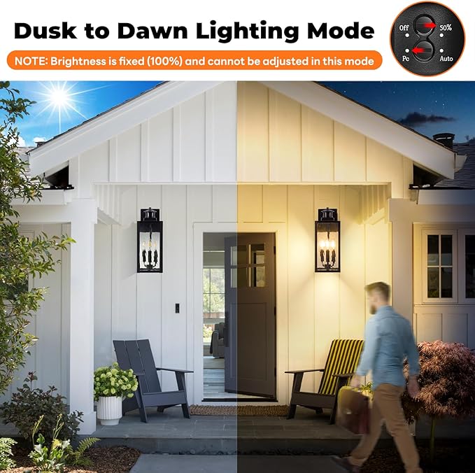 Large Motion Sensor Outdoor Wall Light Black Exterior Wall Sconce Light Fixtures with Water-Rippled Glass Waterproof Modern Outside Wall Lantern for House Porch Patio Garage Bulbs Not Included