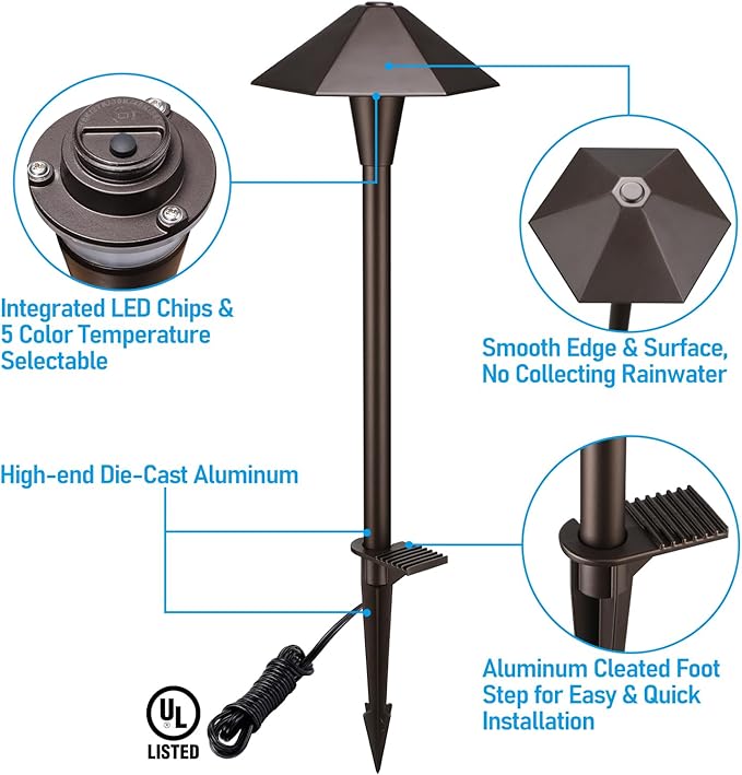 LEONLITE 5CCT Low Voltage Pathway Lights LED Landscape Path Lights 1800/2700/3000/4000/5000K Hexagon Head 12-24V AC/DC IP65 Outdoor Walkway Light Oil Rubbed Bronze Aluminum Pack of 6