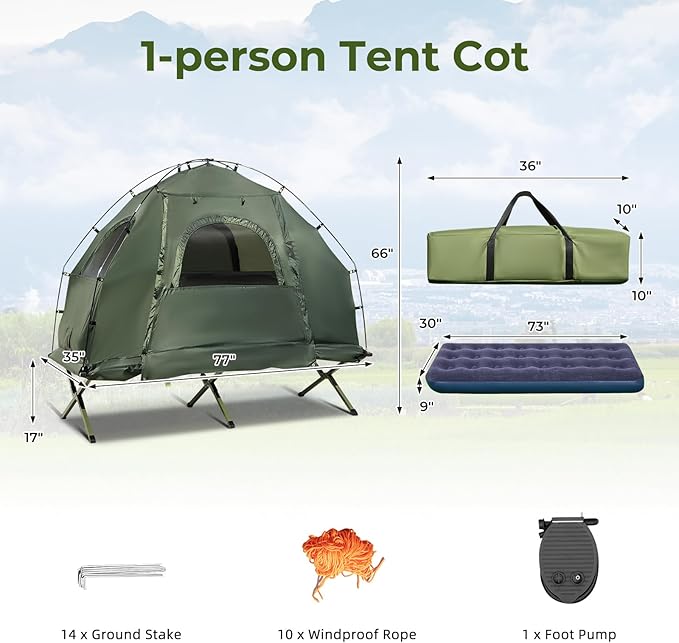 GYMAX Tent Cot 5-in-1 Folding Camping Cot with Mattress &amp Pillows Sleeping Bags Sunshade Camping Tent Elevated with Carrying Bag for Outdoor Hiking Fishing Picnic