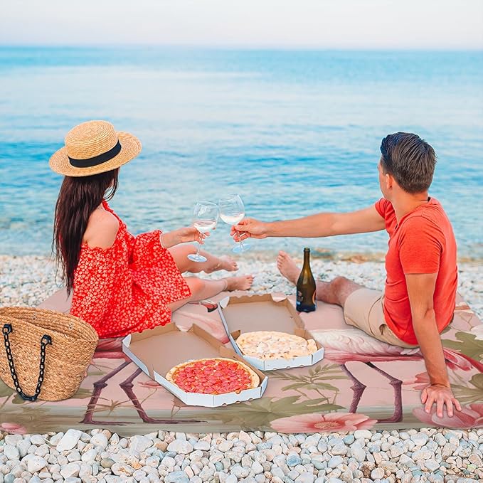 Waterproof Sandproof Beach Blanket 59''×68'' Flamingo Polyester Outdoor Picnic Blanket with 4 Stakes &amp Storage Bag for BeachCampingVacation Pink