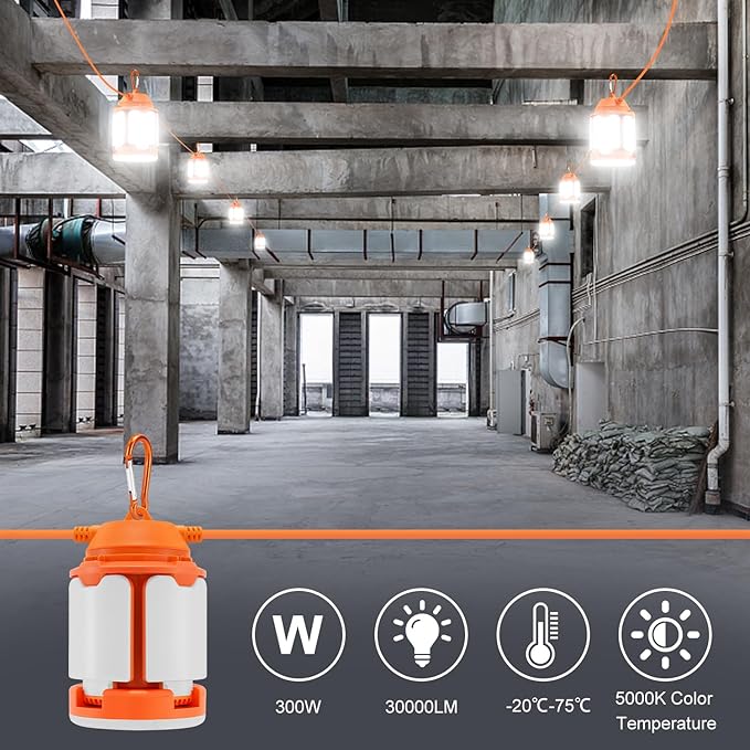 100ft Construction String Lights 300W LED Industrial Grade 30000LM Super Bright Work String Lights for Construction Sites Temporary Work Job site Indoor and Outdoor Lighting (100ft)
