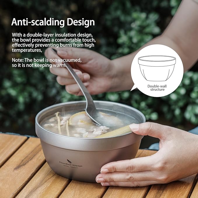 Boundless Voyage Titanium Double Walled Bowl Oatmeal Rice Soup Yogurt Bowl Ultralight Portable Tableware Outdoor Camping Metal Bowls (800ml)