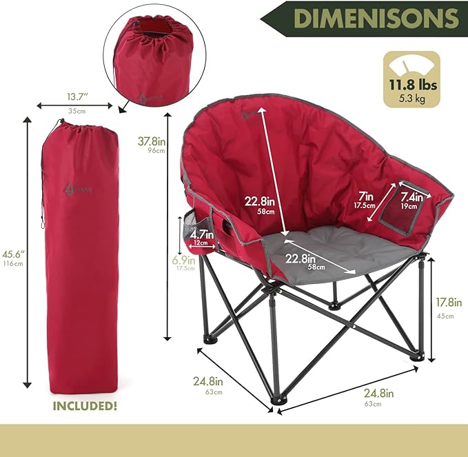 ARROWHEAD OUTDOOR Oversized Heavy-Duty Club Folding Camping Chair with Pocket Cup Holder Portable Padded Moon Round Saucer Supports 330lbs Carrying Bag