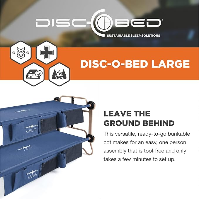 Disc-O-Bed Large Outdoor Convertible 2 Person Bench and Double Camping Cot Portable Bed Bunk System for Adults Navy