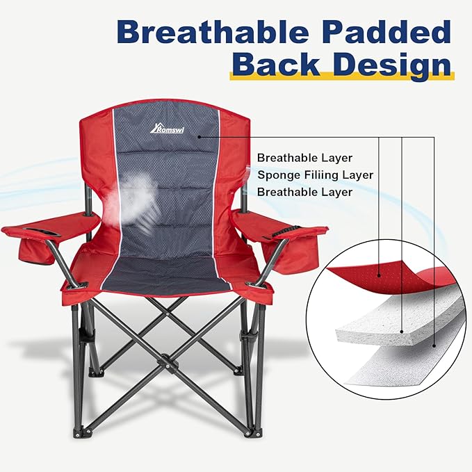 Romswi 2 Pack Oversized Camping Chairs for Adults 500LBS Heavy Duty Steel Folding Chair with Adjustable Elastic Armrests 38.5 Wide 600D Oxford Fabric 6-Can Cooler &amp Side Pockets for Outdoor Re