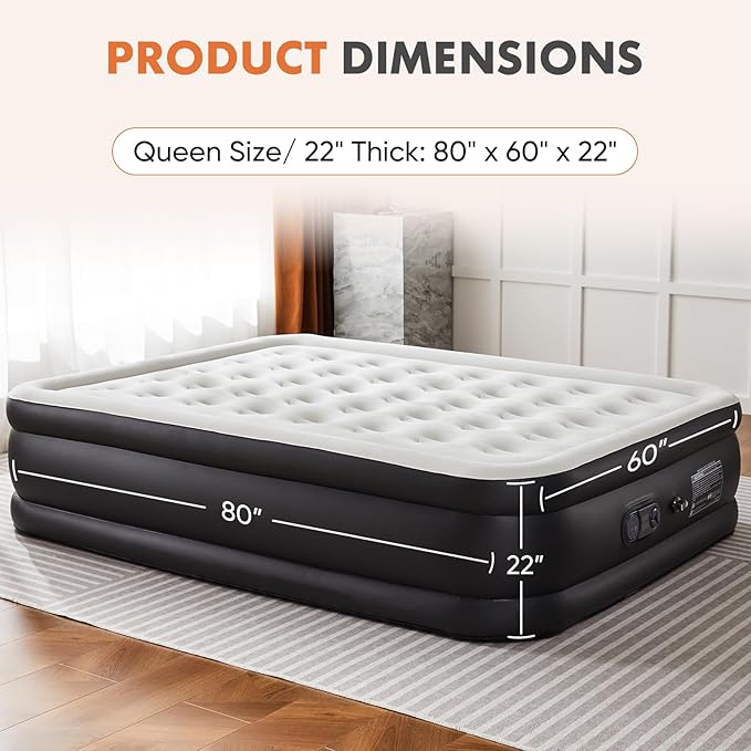 22 Inflatable Air Mattress with Built-in Pump Double Height Non-Slip 660lb Capacity - Queen Size