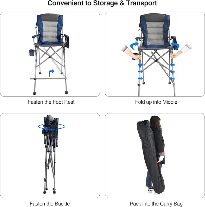 Extra Tall Folding Chairs for Adults 2 Pack Portable Bar Height Foldable Director Chairs for Camping Outside Comfortable with High Back and Footrest Blue