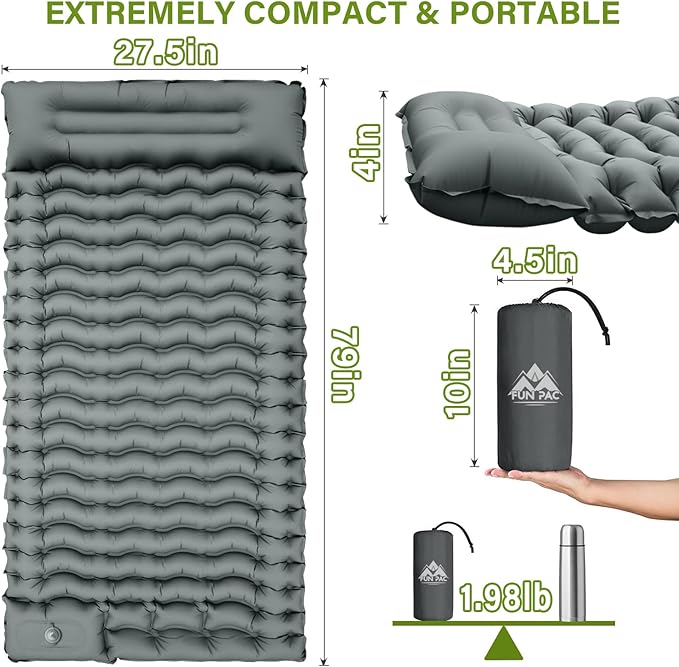 Camping Sleeping Pad with Pillow Built-in Foot Pump Inflatable Sleeping Pads Compact for Camping Backpacking Hiking Traveling - Gray