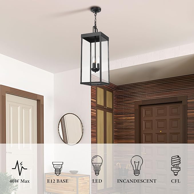 Large Outdoor Pendant Lantern Light Fixture for Front Porch 24 Inch 3-Light Black Exterior Hanging Chandelier with Clear Glass Outdoor Indoor Pendant Lamp for Patio Gazebo Entryway Doorway