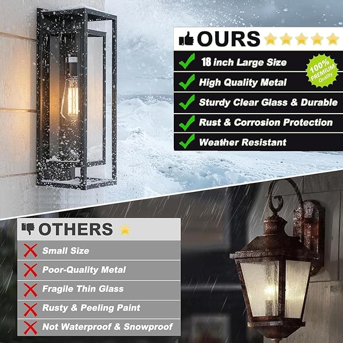 4 Pack 18inch Outdoor Wall Light FixturesExterior Waterproof LanternsPorch Sconces Wall Mounted Lighting with E26 Sockets &amp Glass ShadesModern Matte Black Wall Lamps for Patio Front Door Entryw