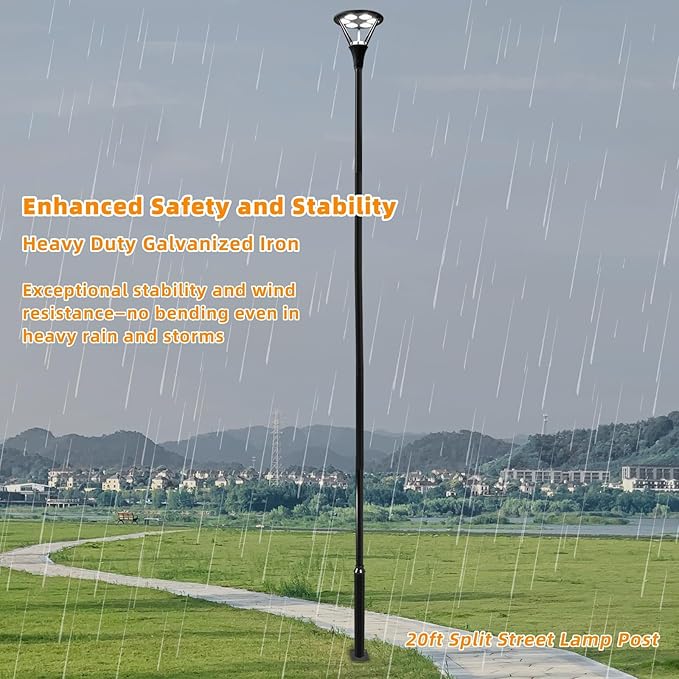 20FT Tall Street Light Pole Heavy Duty Split Street Lamp Post for Outdoor Street Courtyard Parking Lot Adjustable Height Lighting Post Fixtures with Mounting Ground Cage (20FT 114+76mm)